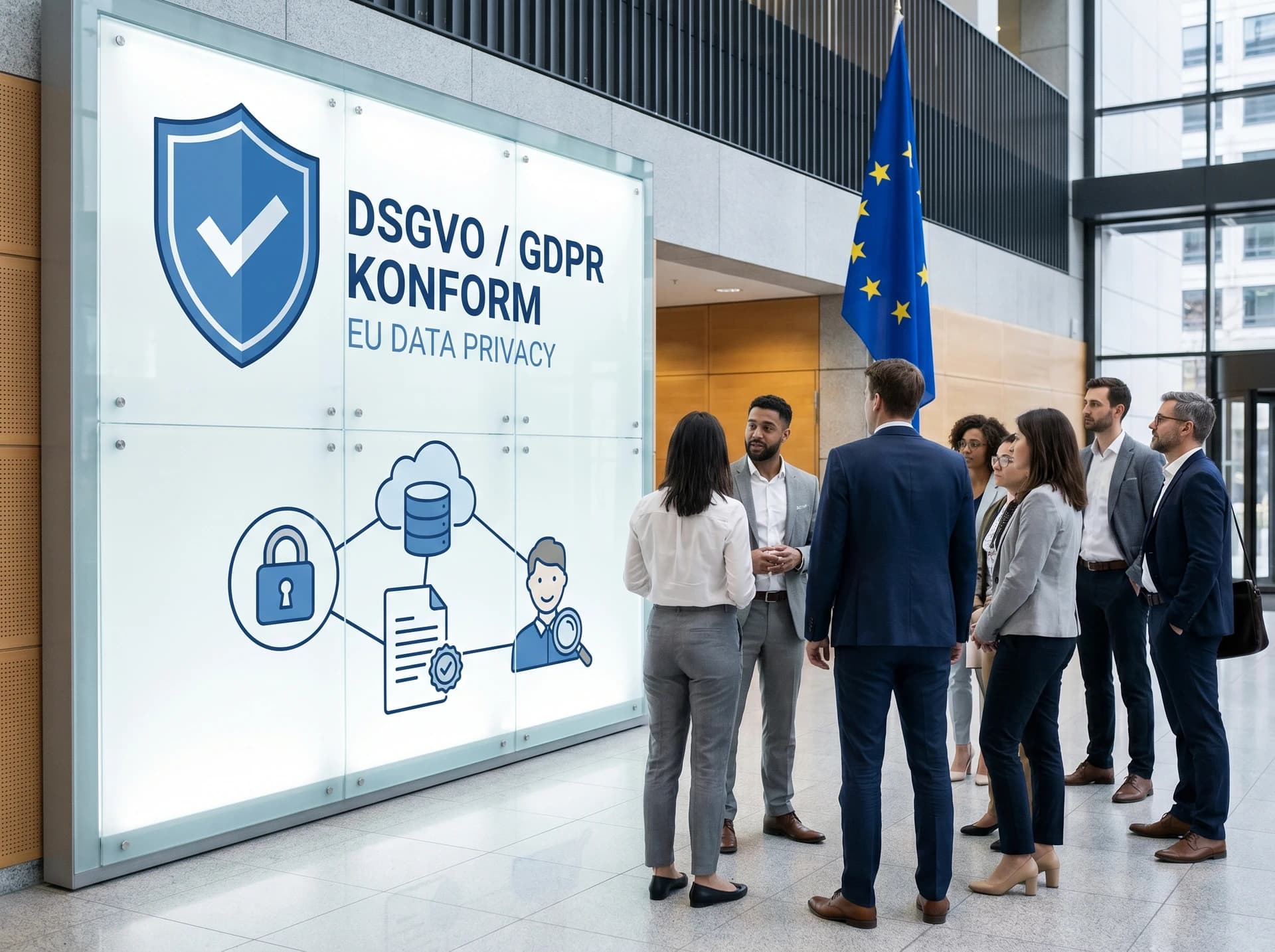 Team vor DSGVO/GDPR-konformer Anzeige mit EU-Flagge — symbolisiert EU-Hosting und lokale Datensouveränität.