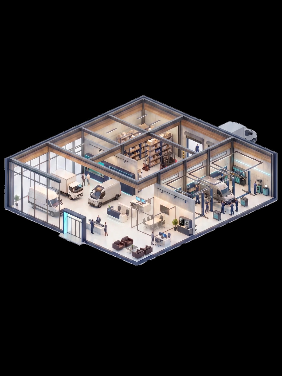 3D-Illustration eines NFZ-Betriebs mit den Bereichen Verkauf, Verwaltung, Werkstätte und Lager