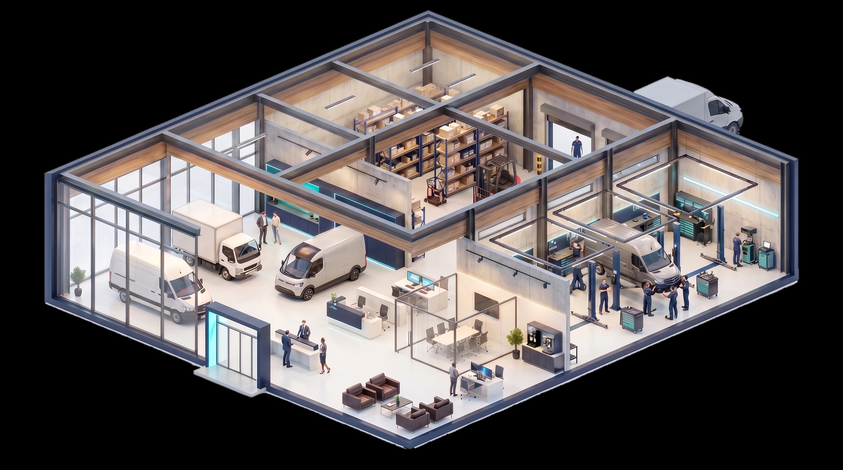 3D-Illustration eines NFZ-Betriebs mit den Bereichen Verkauf, Verwaltung, Werkstätte und Lager